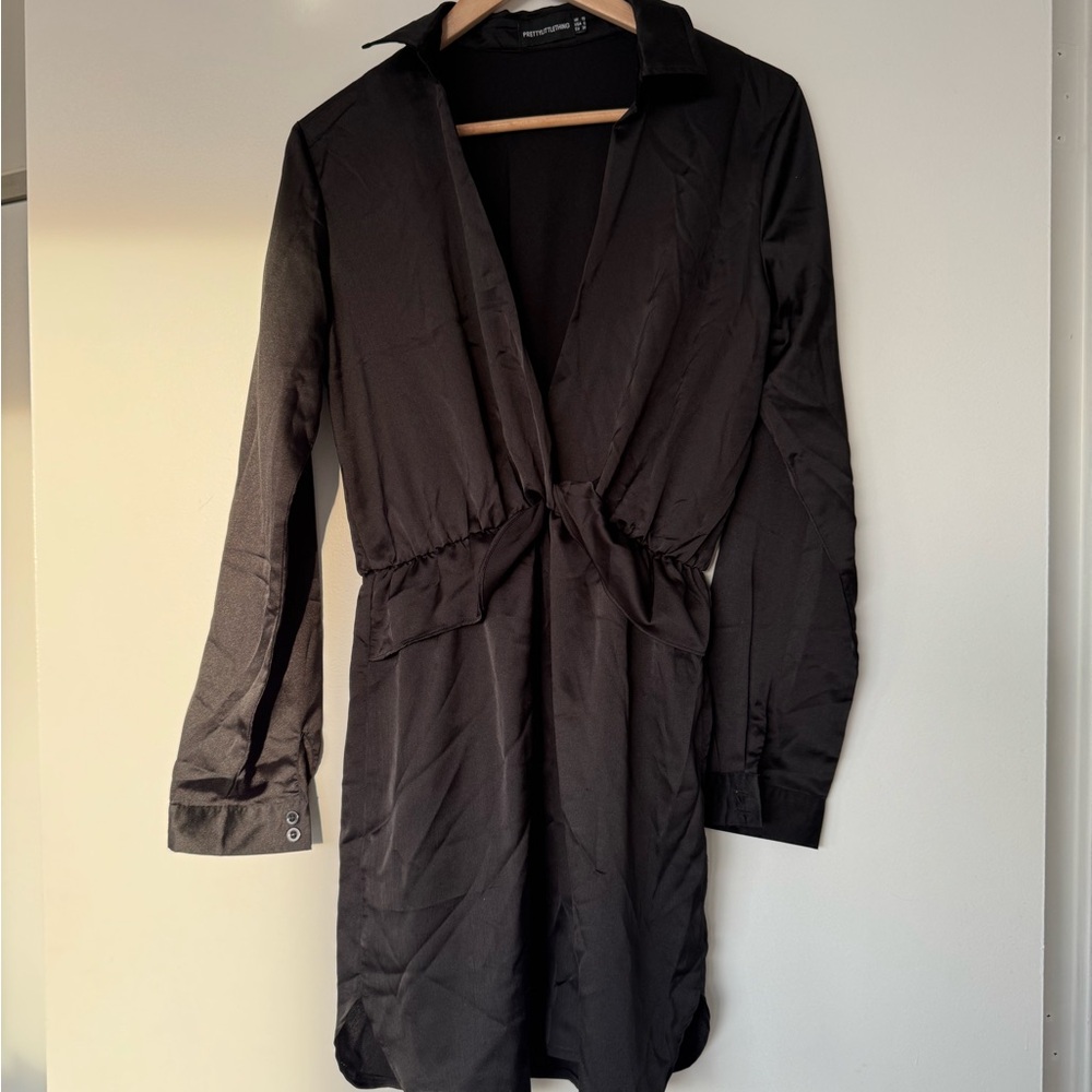 Pretty Little Thing Silky Black Long Sleeve Wrap/Shirt Dress